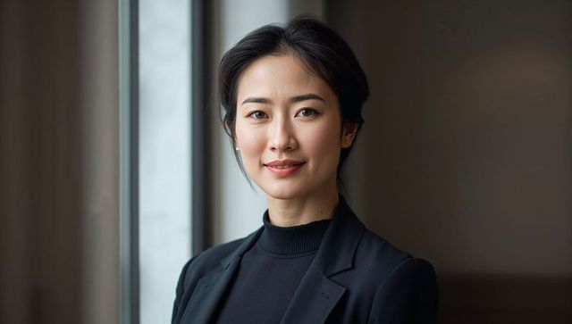 Confident asian businesswoman headshot by office window wearing black blazer corporate