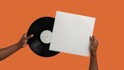 Hands holding vinyl record and blank sleeve on orange background