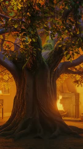Vertical video of moss-covered tree trunk growing through cozy rustic room with fireplace glow