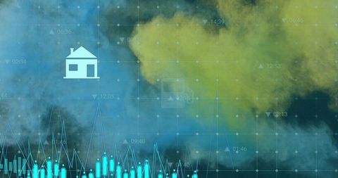 Real estate analytics dashboard showing candlestick charts, line graphs and interface
