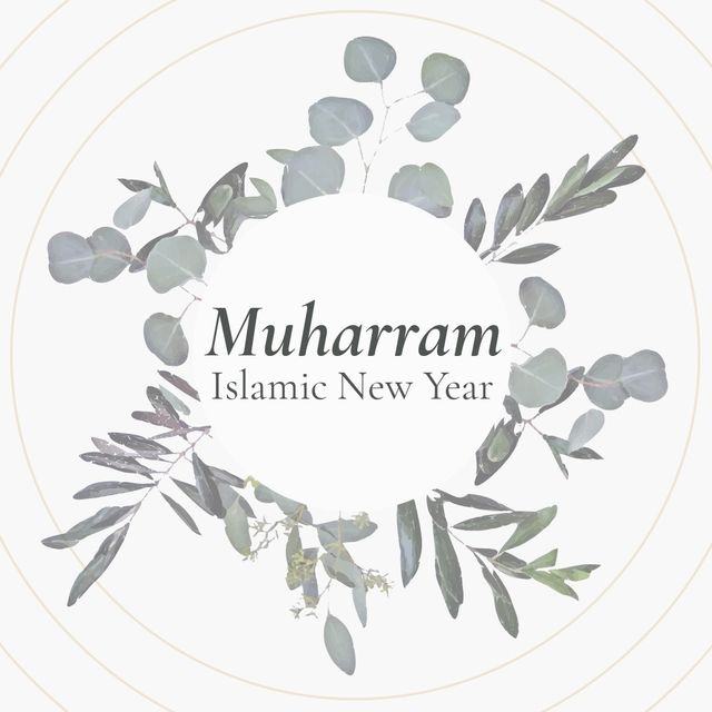 Illustration of muharram islamic new year text and varioys plants in circles on white background. Copy space, vector, nature, islamic festival, tradition and celebration concept.