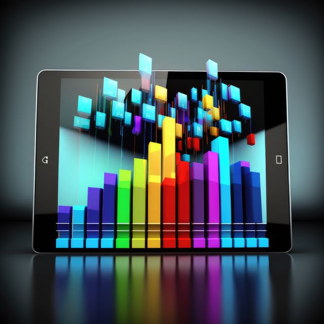 Tablet with graph bars on black background, created using generative ai technology. Statistics, graphs and charts concept digitally generated image.