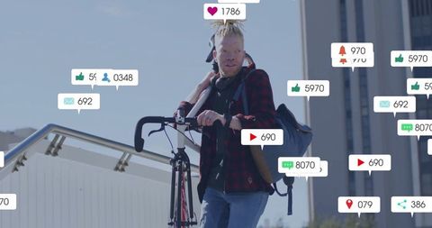 Modern Cyclist on Urban Bridge with Social Media Engagement