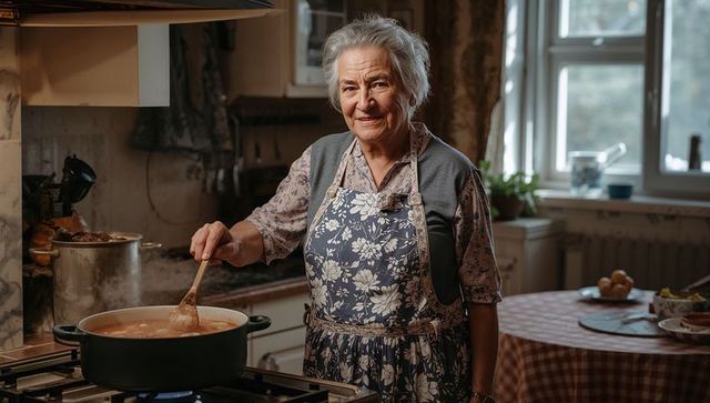 Senior woman stirring homemade soup on gas stove wearing floral apron in cozy kitchen