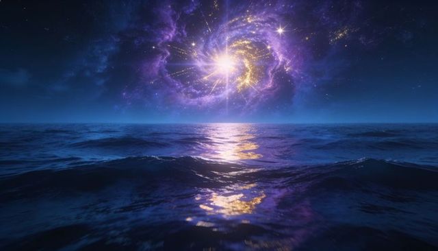 Purple-gold spiral nebula hovering above ocean night horizon casting luminous reflection