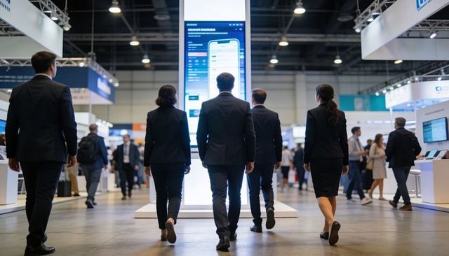 Corporate team walking toward vertical digital display while networking in busy expo hall