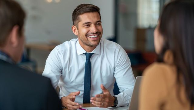 Confident businessman leading team meeting and presenting ideas while smiling