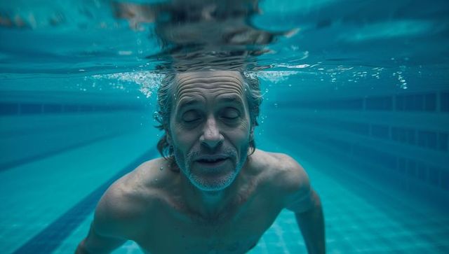 Senior Male Gliding Underwater in Tranquil Swimming Pool