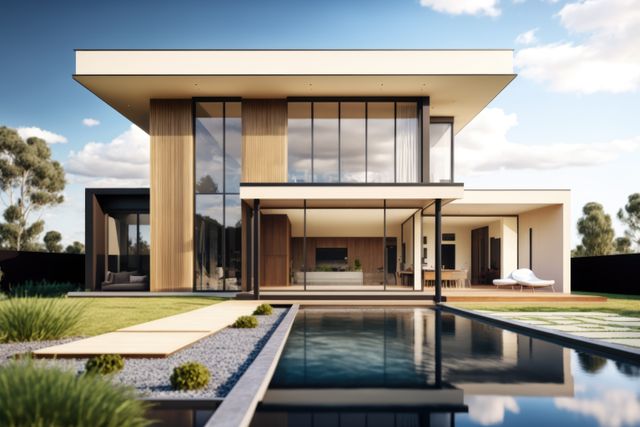 Modern mansion surrounded with swimming pool in garden, created using generative ai technology. Modern architecture, house and design concept digitally generated image.