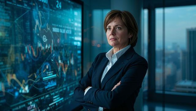 Woman executive analyzing financial data on interactive wall display in high-rise office