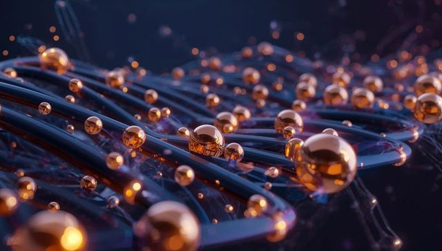 Glowing copper spheres traversing dark glossy tubular nanotech lattice