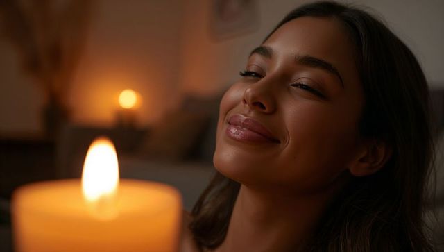 Woman Basking in Candlelight, Serene Evening Glow for Relaxation and Self-Care
