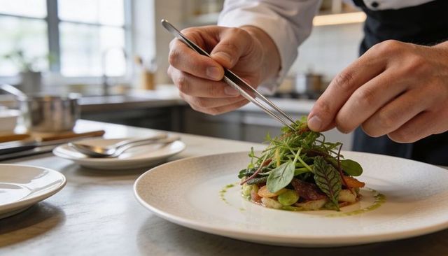 Chef plating microgreens with tweezers, garnishing elegant restaurant dish in kitchen