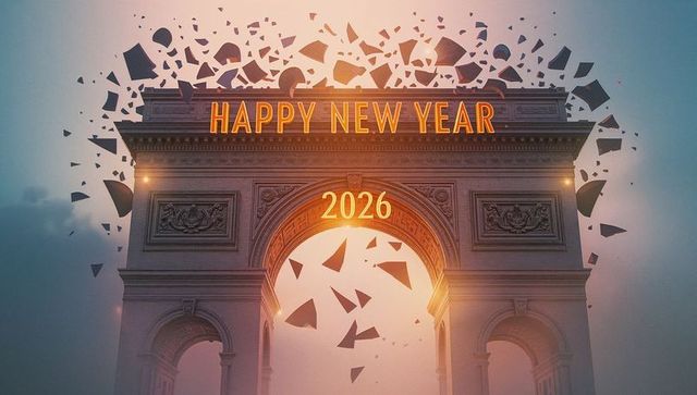 Neoclassical triumphal arch with neon happy new year 2026 and floating shards