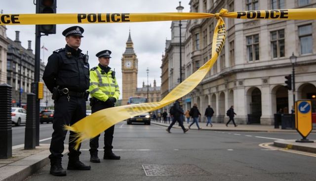 Police officers guarding cordon near big ben with yellow tape on overcast london street