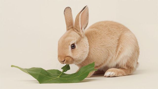 Curious light-brown rabbit nibbling green leaf on cream seamless backdrop