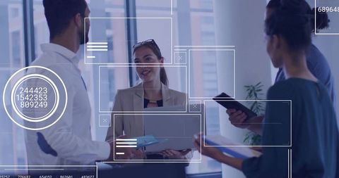 Team Discussing Strategy with Digital Data Overlays in Modern Office