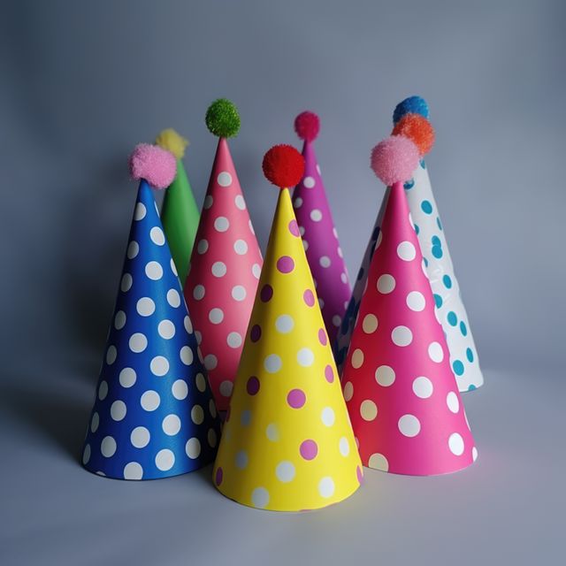 Bright and colorful party hats with polka dots, topped with fluffy pom poms, arranged on a smooth surface. Suitable for material celebrating birthdays, kids’ parties, and festive events. Great for highlighting joyful and vibrant party accessories or themed decorations.