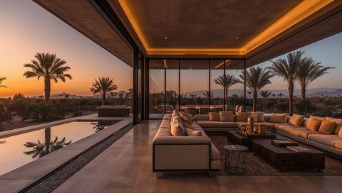 Sunset Desert Villa Living Room with Infinity Pool, L-Shaped Sectional and Panoramic Glass Walls