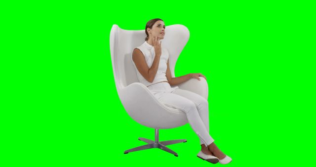 This image shows a woman sitting in a modern, minimalist white chair against a green screen background. She has a thoughtful expression, indicating she is contemplating or reflecting on something. This can be useful for depicting moments of introspection or for design layouts due to the green screen which allows for easy background changes.