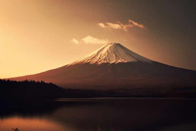 A stunning landscape image showcasing Mount Fuji at sunrise, reflected in a calm, serene lake. The snow-capped peak contrasts beautifully with the warm hues of dawn. Ideal for promoting travel, nature, and tourism, or as a breathtaking backdrop in publications, websites, and artistic projects.