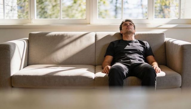 Contemplative man reclining on sofa looking up in sunlit minimal living room with dramatic shadows