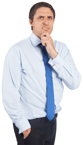 Transparent businessman thinking with hand on chin