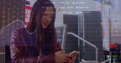 Asian woman trading stocks on smartphone in restaurant