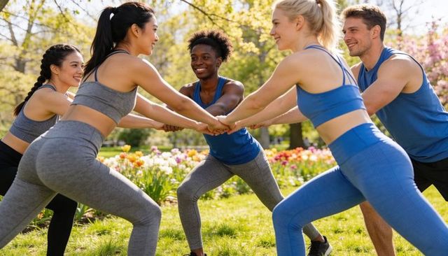 Group doing outdoor partner stretches in spring park for fitness teamwork and wellness