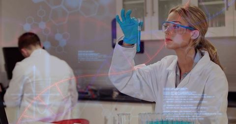 Female scientist analyzing blue test tube with DNA overlays and lab research background