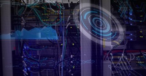 Futuristic server rack with network cables and hud visualization for it monitoring