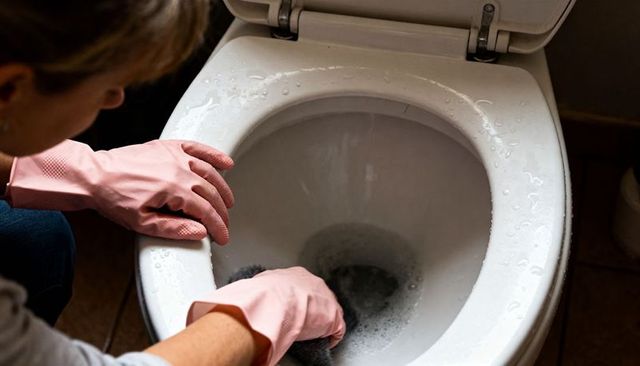 Woman cleaning toilet bowl wearing pink rubber gloves closeup domestic bathroom hygiene