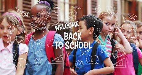 Kids welcoming back to school with colorful backpacks and hand-drawn school doodles