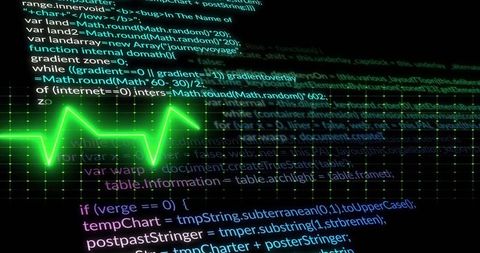 Pulsing neon green ecg waveform on digital code interface