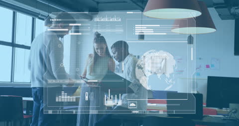 Team Analyzing Data with Futuristic Transparent Screen Technology