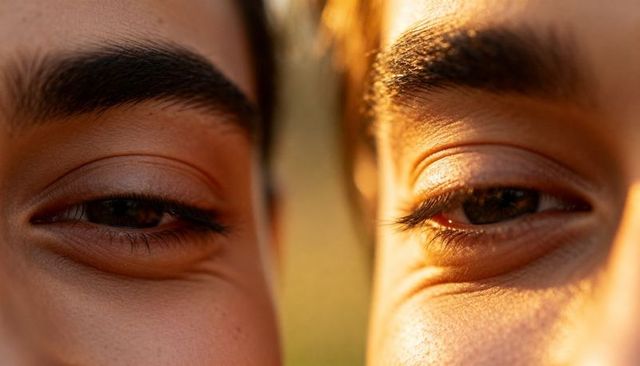 Capturing sunlit closeup of two teen male faces showing eye detail at golden hour