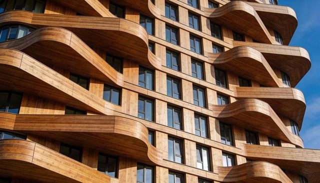 Curved timber balconies creating wave-like facade on high-rise with glass windows
