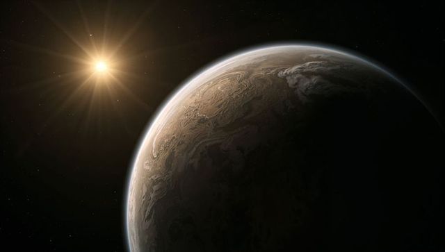 Sunlit Rocky Exoplanet Crescent Showing Banded Terrain, Cloud Swirls and Star Halo