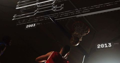 Dunking basketball player rising toward hoop with data overlay and cinematic lighting