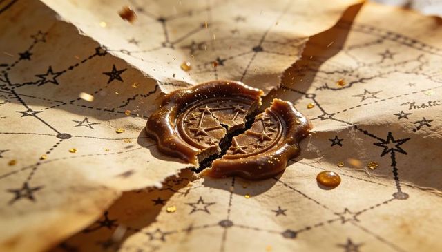 Cracked Wax Seal on Aged Star Chart Parchment with Gold Flecks and Celestial Motif