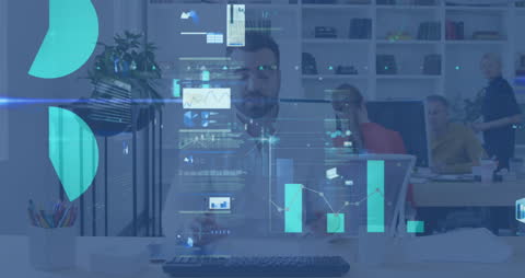 Businessman Analyzing Data in Modern Office Overlay