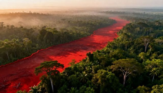 Aerial crimson river meandering through misty tropical rainforest at sunrise dramatic red water