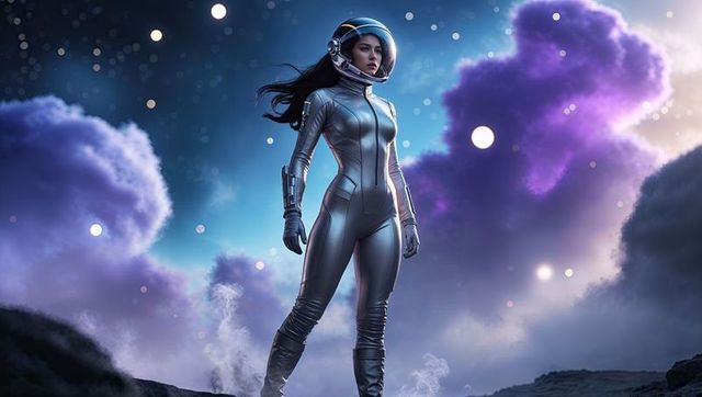 Astronaut in Futuristic Terrains with Vibrant Purple Nebula