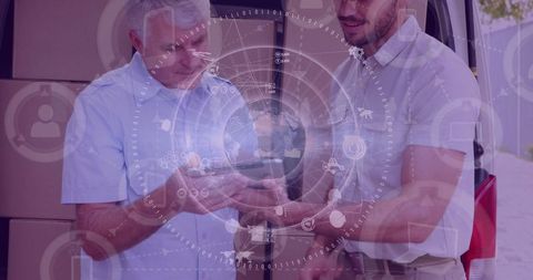 Men Planning Logistics with Futuristic Visual Interface