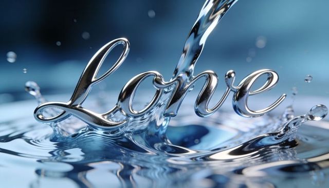 Shimmering chrome love script pouring into water splash reflecting metallic ripples glossy