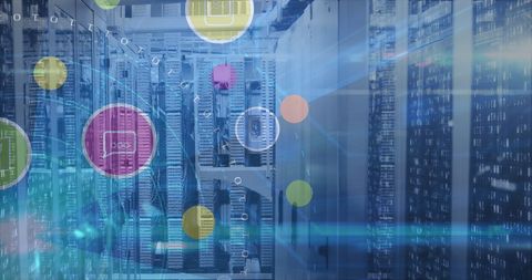 digital interface and server room with floating icons - Download Free Stock Images Pikwizard.com