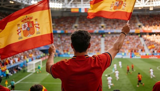 Spanish football fan waving dual flags in stadium crowd celebrating national team