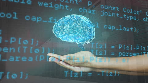 Digital Brain with Data Overlay on Hand Illustrating AI Concepts