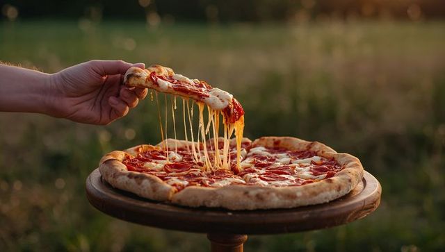 Hand lifting melty pepperoni pizza slice with long cheese pull on rustic wooden stand