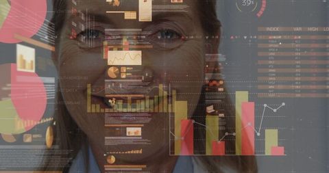 Senior Female Doctor with Financial Data Overlay Modern Innovation